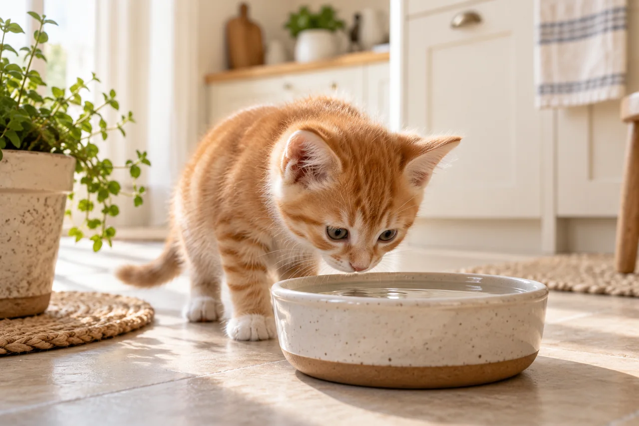Illustration Naïa : chaton découvrant une coupelle d’eau peu profonde