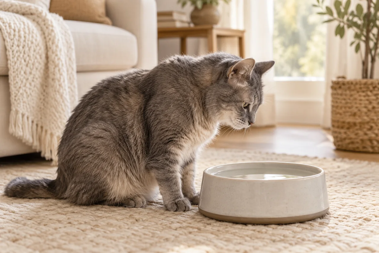 Illustration Naïa : chat gris âgé près d’un point d’eau facile d’accès