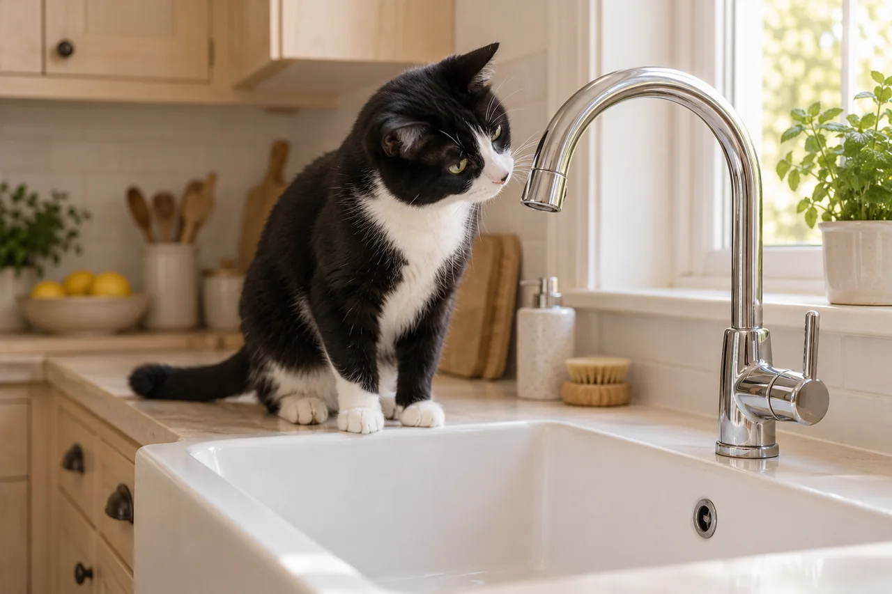 Illustration Naïa : chat curieux observant le robinet de la cuisine