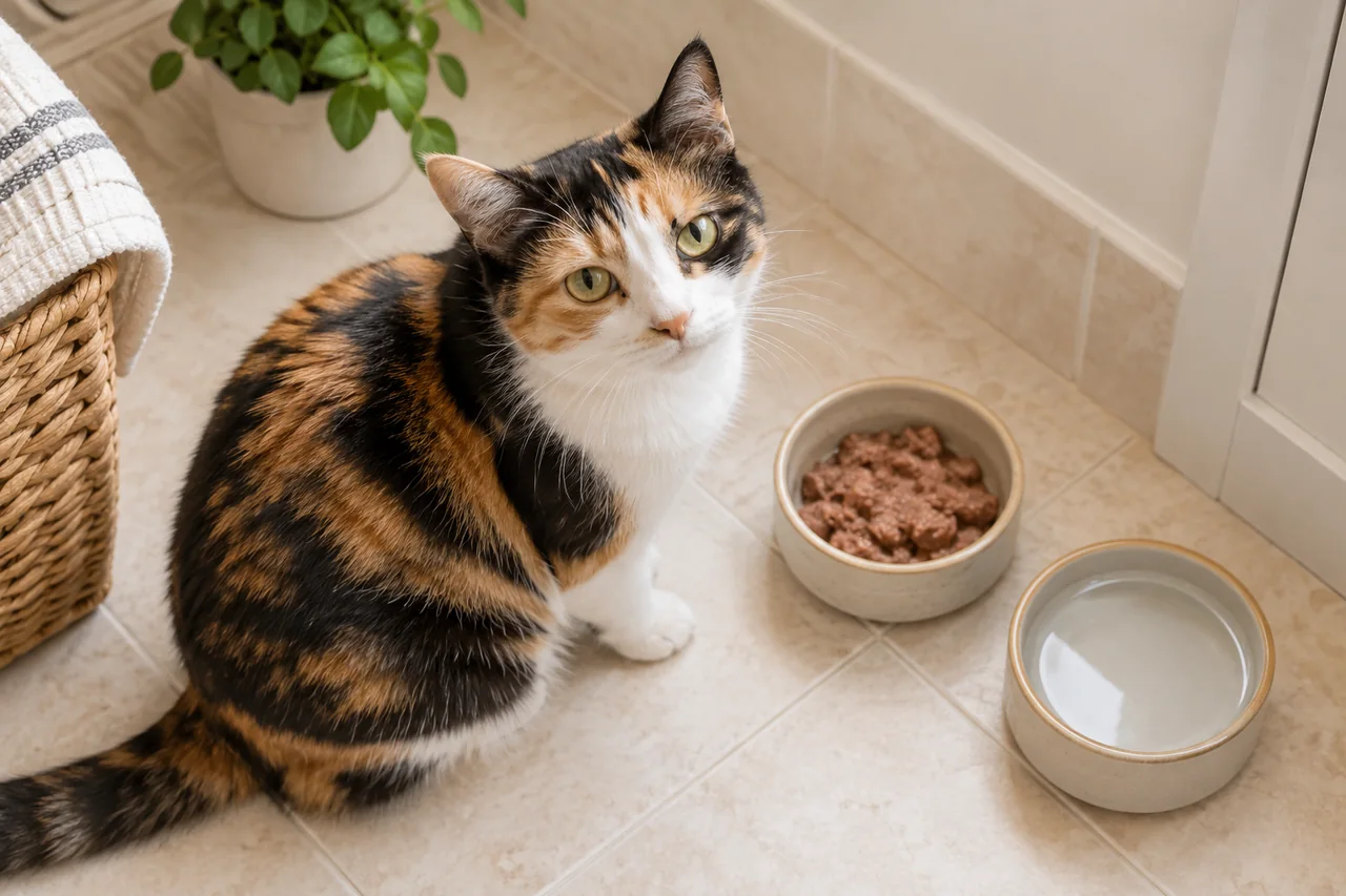 Illustration Naïa : repas d’un chat avec pâtée et eau dans deux récipients séparés