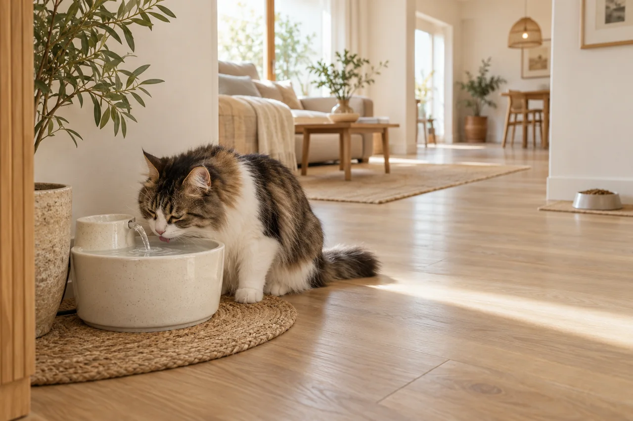 Illustration Naïa : coin d’eau pour chat installé à distance de son repas