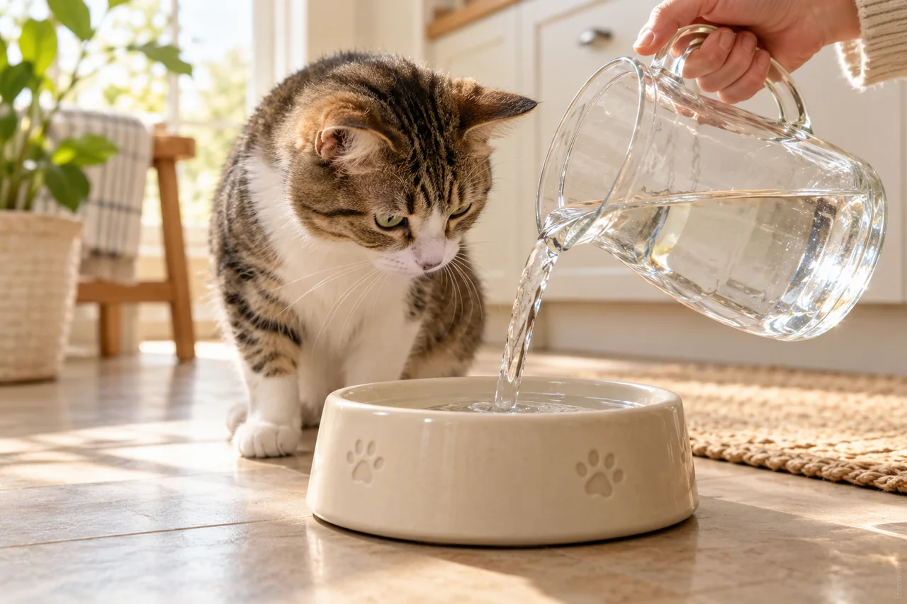 Illustration Naïa : préparation du point d’eau d’un chat dans la cuisine
