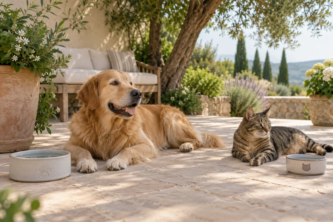 Illustration Naïa : chat et chien au repos à l’ombre avec de l’eau à proximité