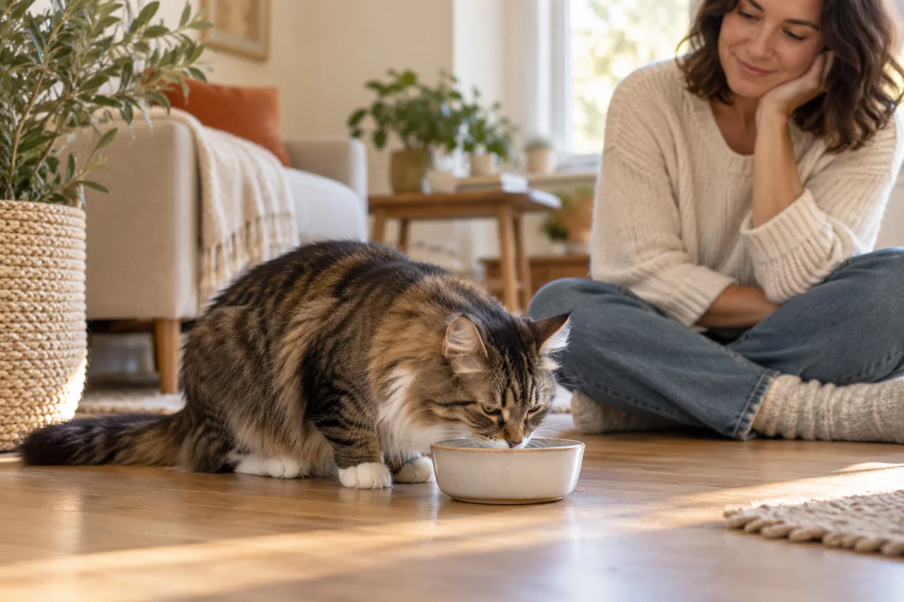 Illustration Naïa : un humain observe tranquillement son chat près de l’eau