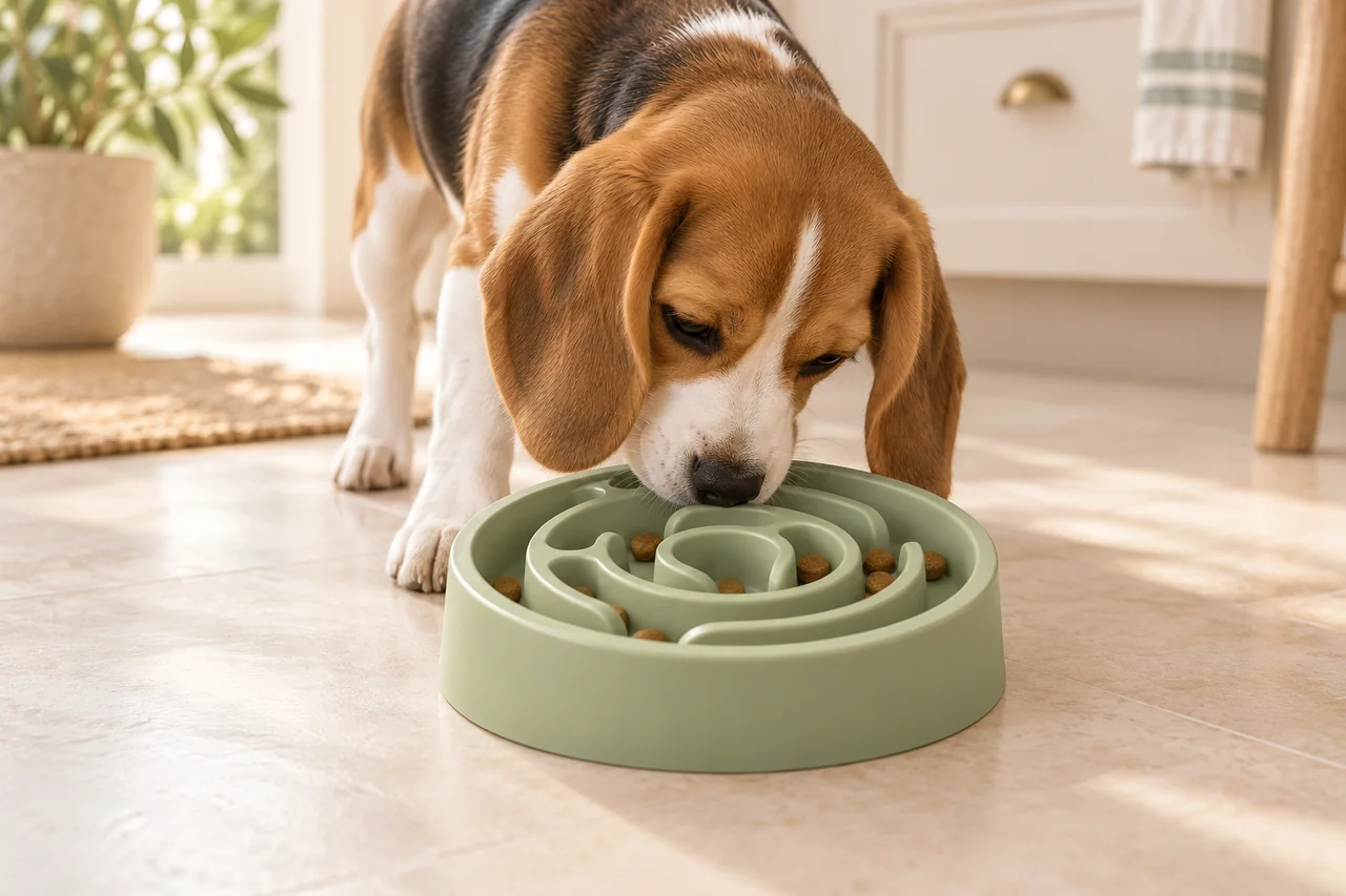 Illustration Naïa : chien découvrant une gamelle verte à reliefs Naïa Tempo