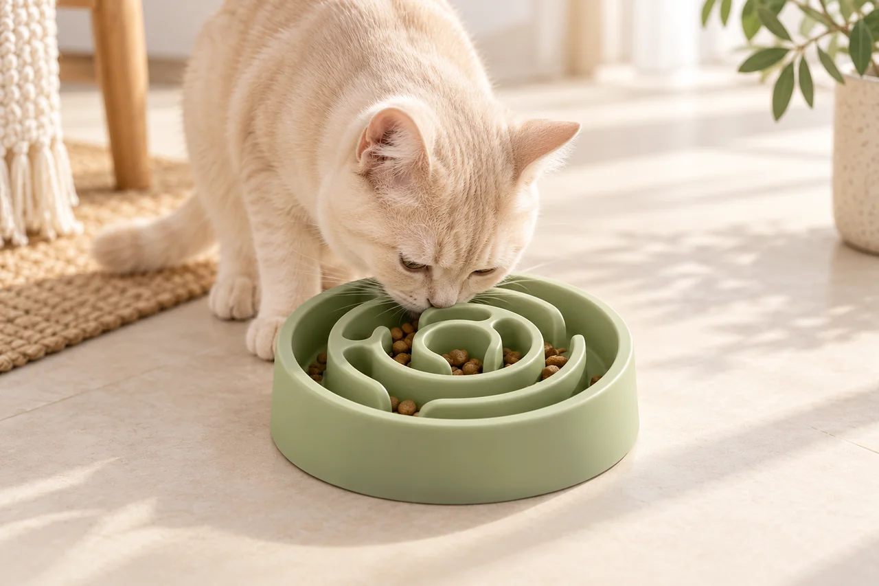 Illustration Naïa : chat utilisant une gamelle à reliefs adaptée à son repas