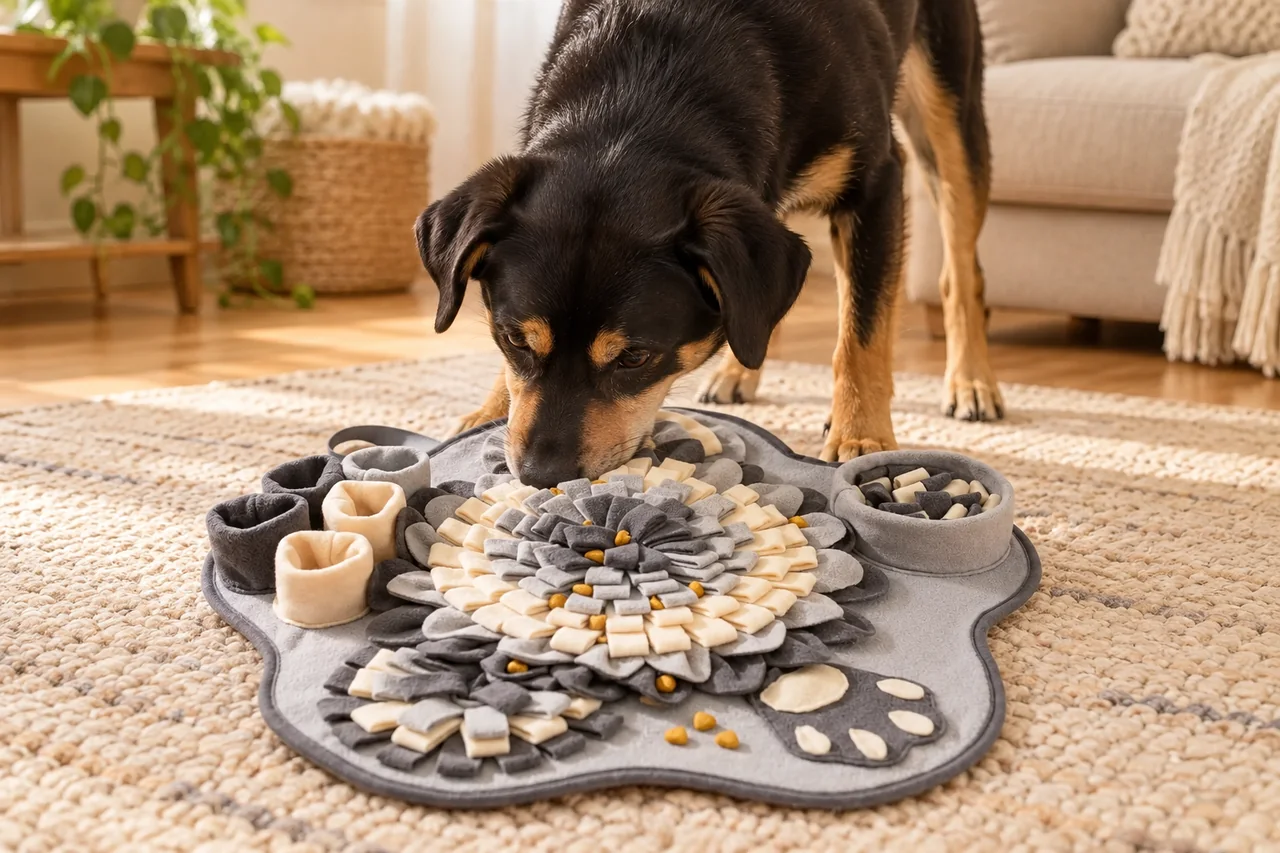 Illustration Naïa : chien explorant les franges d’un tapis de fouille