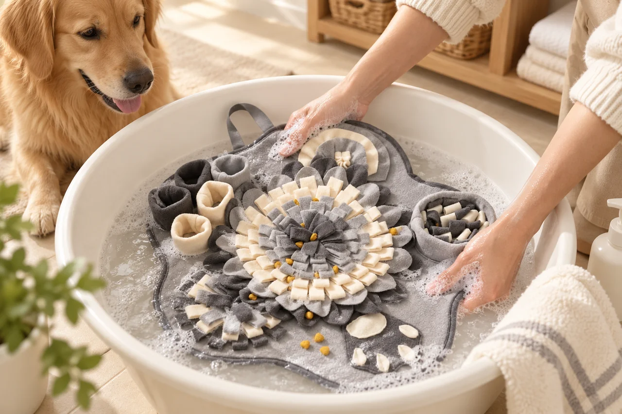 Illustration Naïa : nettoyage d’un tapis de fouille en tissu dans une bassine