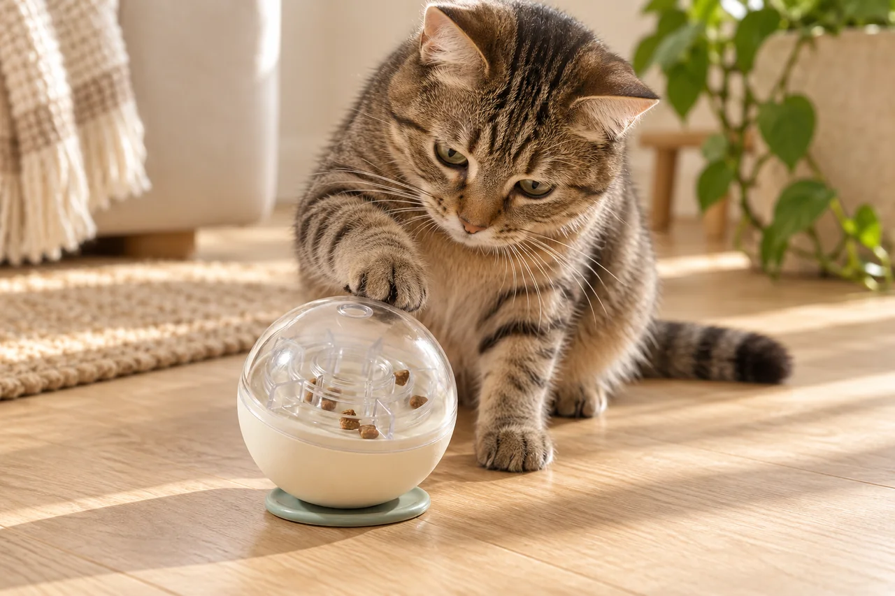 Illustration Naïa : chat découvrant un jeu à cachettes pour les croquettes