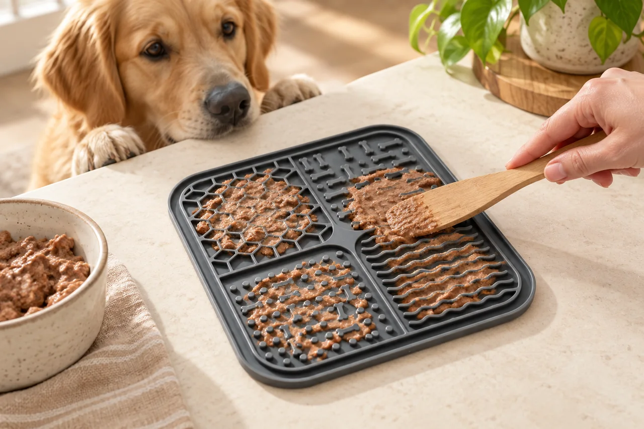 Illustration Naïa : préparation d’un tapis de léchage avec de la pâtée
