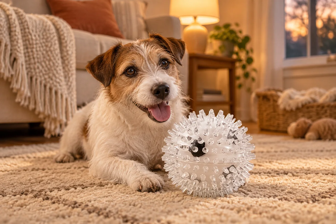 Illustration Naïa : chien près d’une balle texturée de taille adaptée