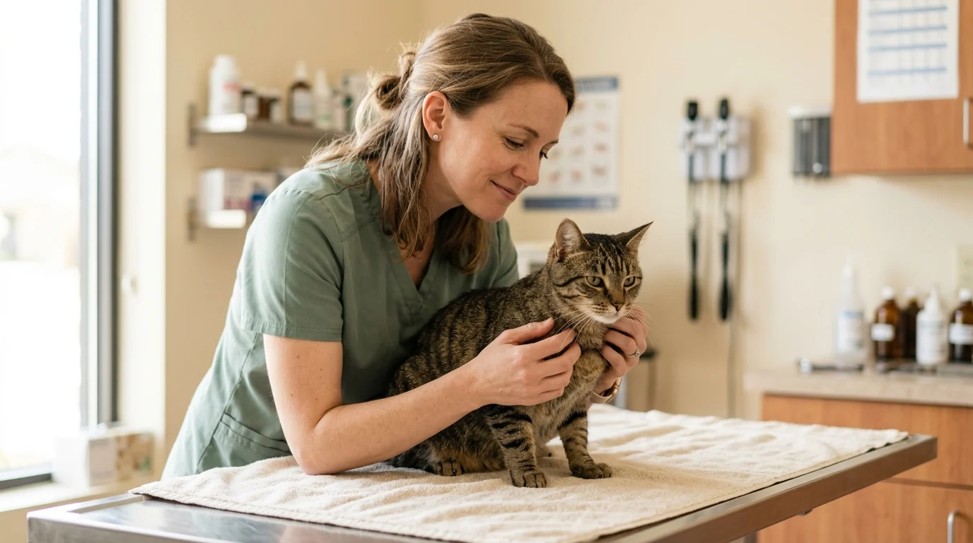 Vétérinaire qui examine un chat tigré posé sur la table de consultation de la clinique