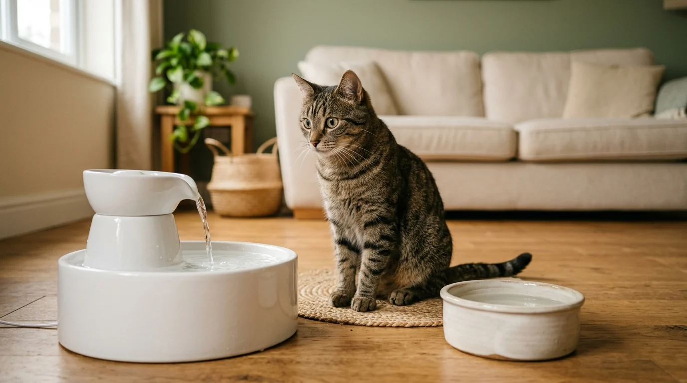 Chat devant une fontaine et une gamelle d'eau