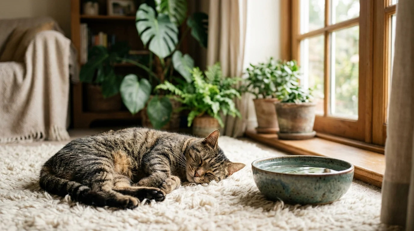 Chat tigré endormi sur un tapis moelleux à côté de son bol d'eau fraîche, près de la fenêtre