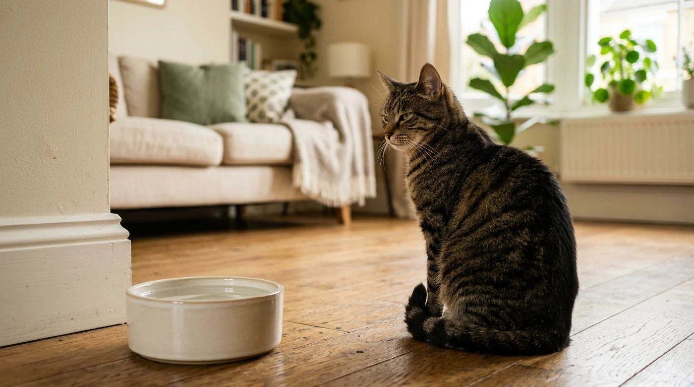 Chat tigré assis dans le salon qui tourne le dos à sa gamelle d'eau posée au sol