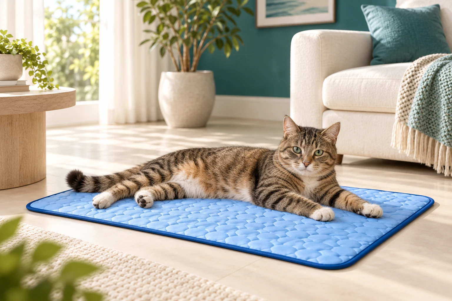 Chat tigré détendu sur le tapis Naïa Fraîcheur