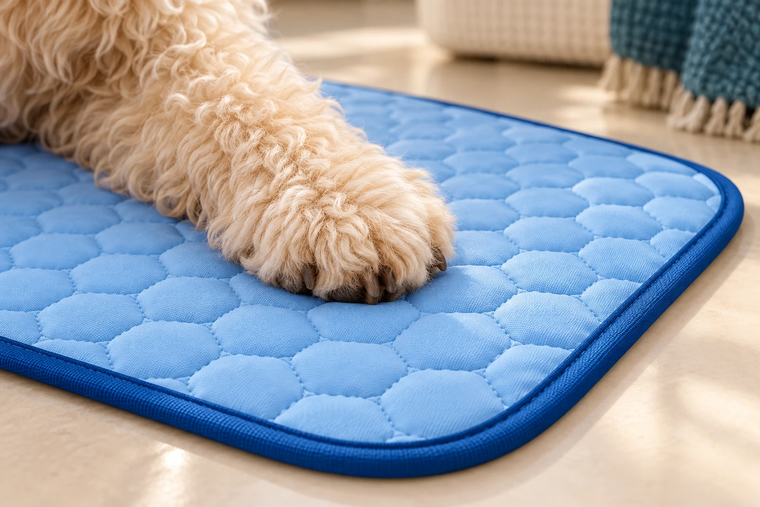Illustration du détail matelassé et de la bordure du tapis bleu
