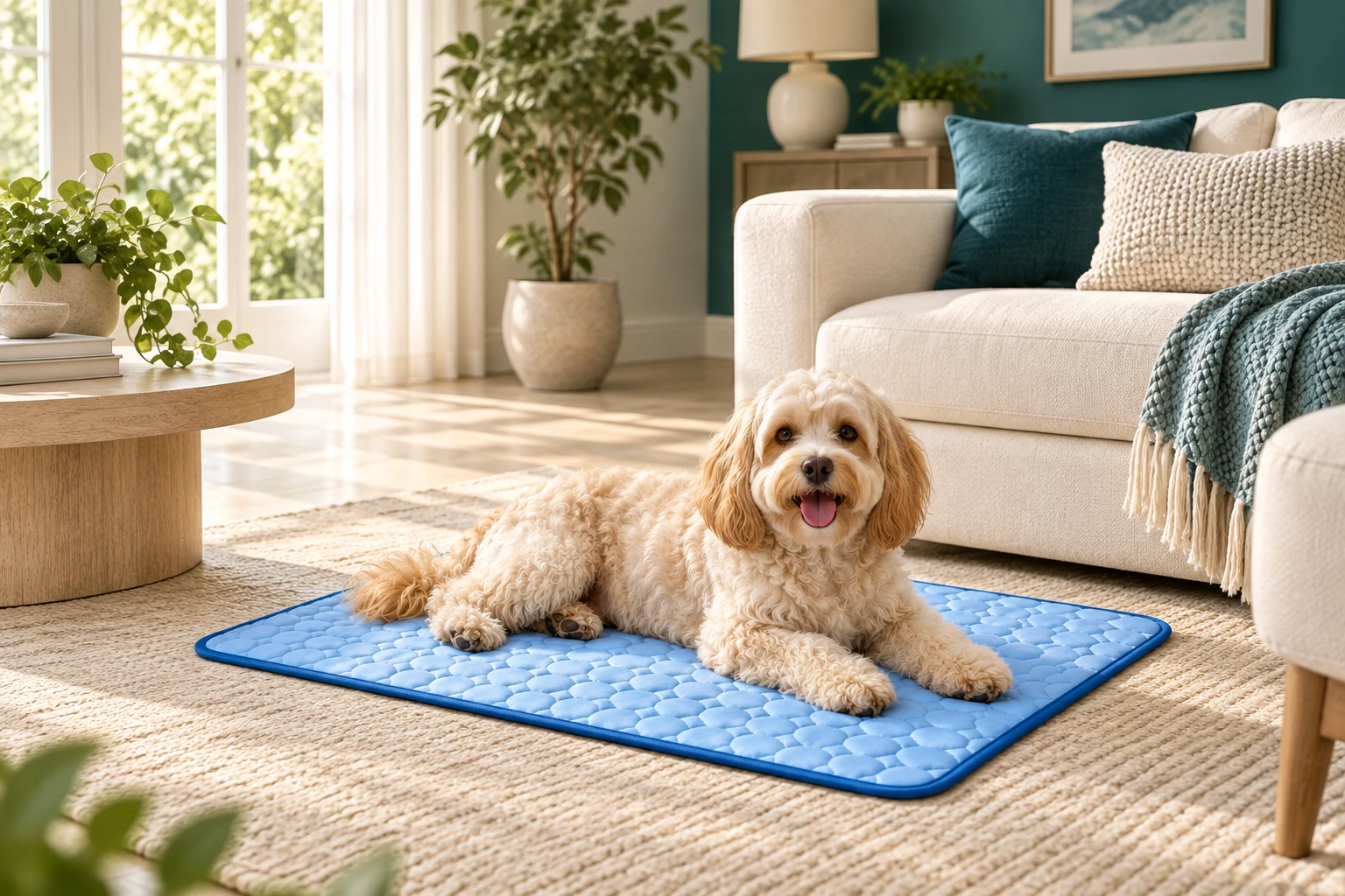 Chien installé sur le tapis bleu près du canapé