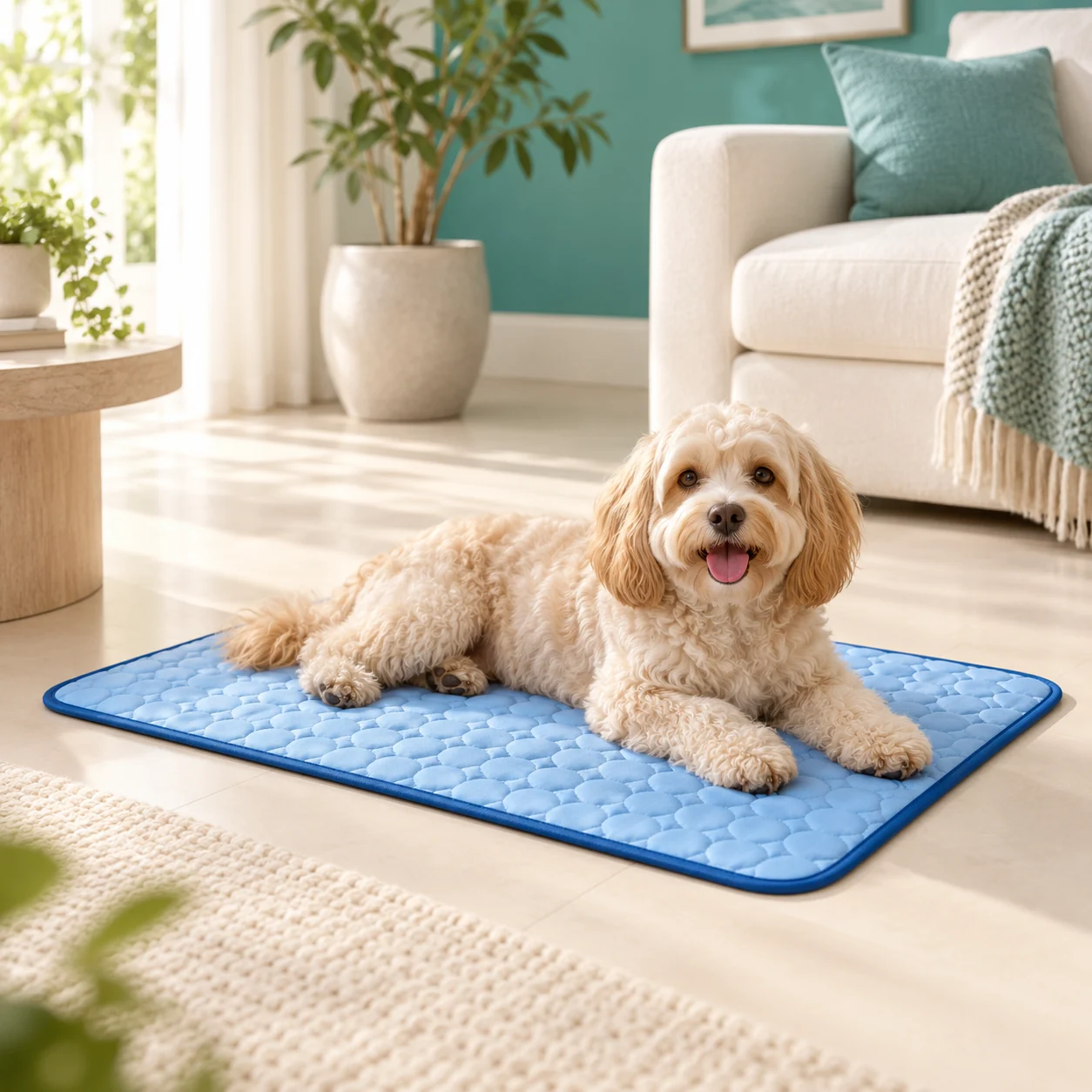 Un chien au repos sur le tapis bleu Naïa Fraîcheur