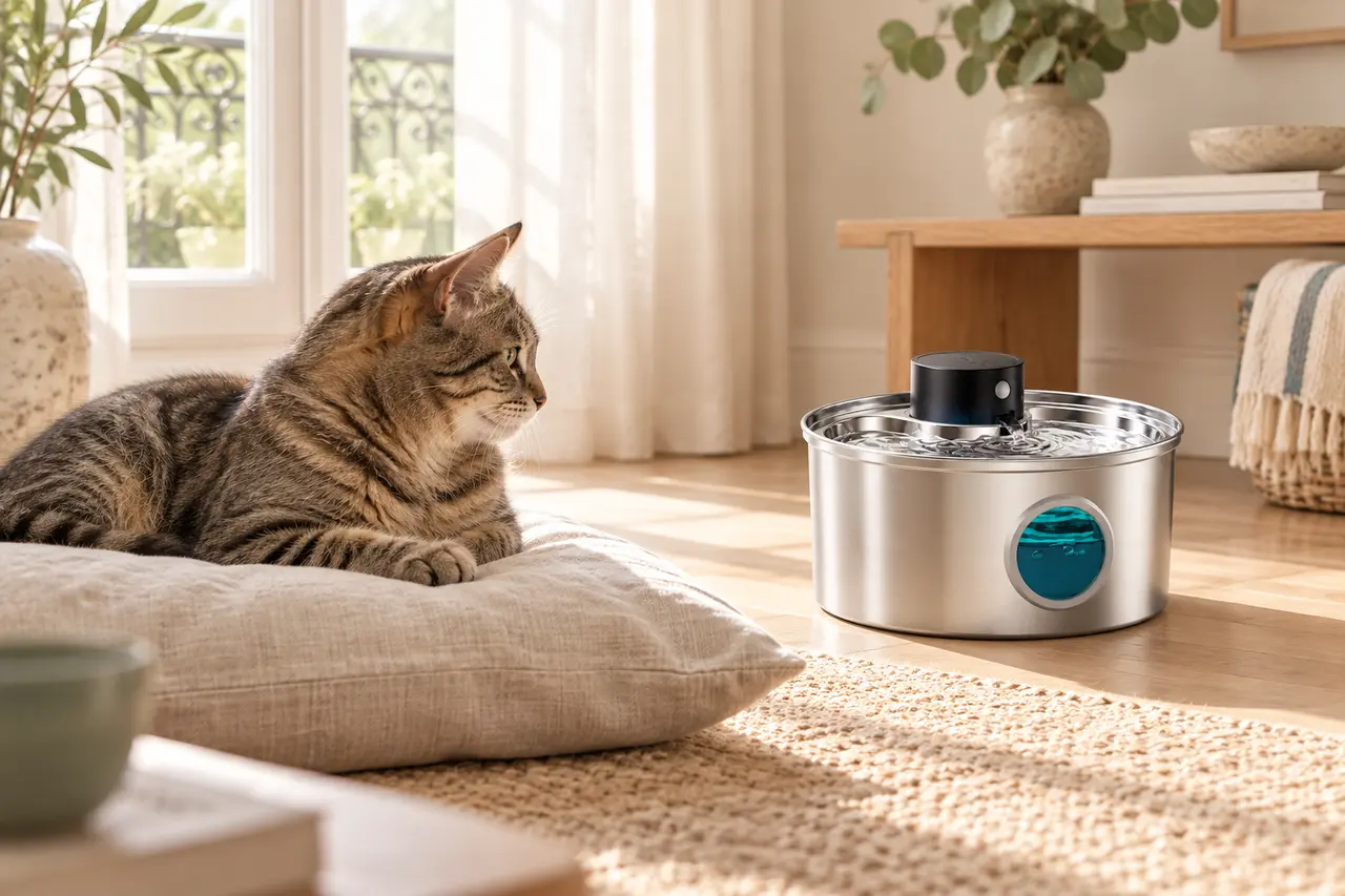 Chat au calme près de la fontaine sans fil Naïa Inox