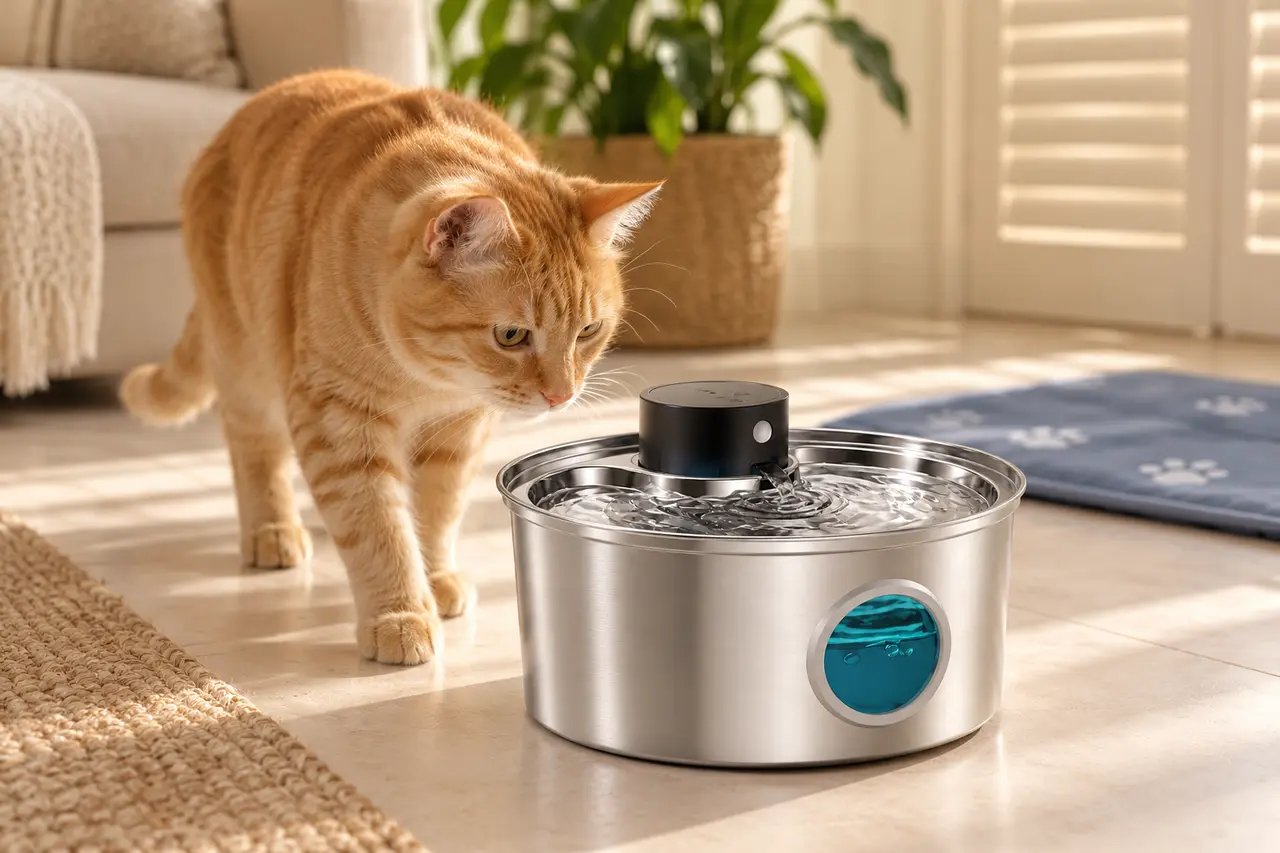 Chat qui s'hydrate à sa fontaine à eau fraîche dans le salon