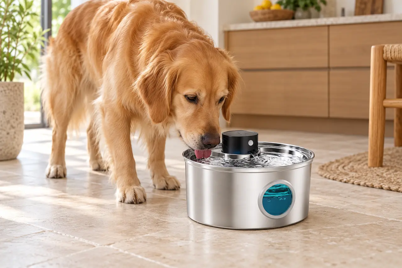 Chien profitant de la fontaine Naïa Inox