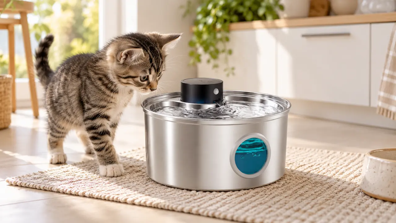 Chat qui a appris à boire directement au jet de la fontaine