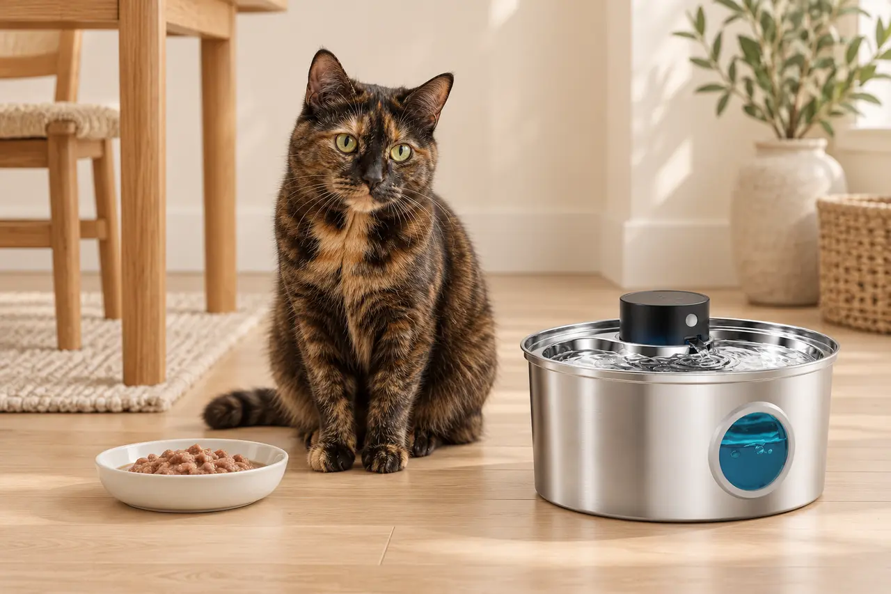 Chat qui s'approche de sa fontaine à eau pour compléter son apport hydrique