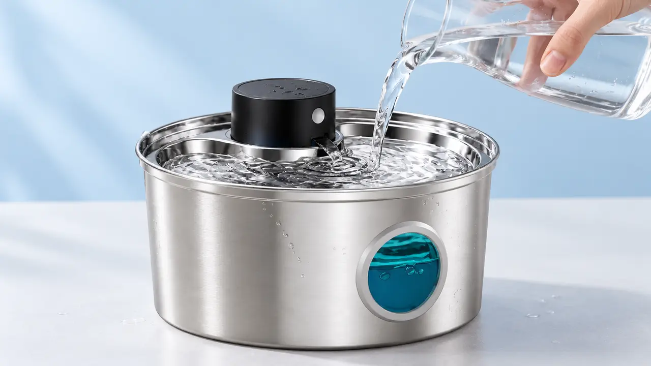Eau claire et filtrée en mouvement dans une fontaine pour chat