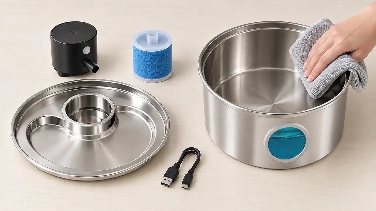 Pièces de la fontaine Naïa Inox démontées et disposées pour le nettoyage