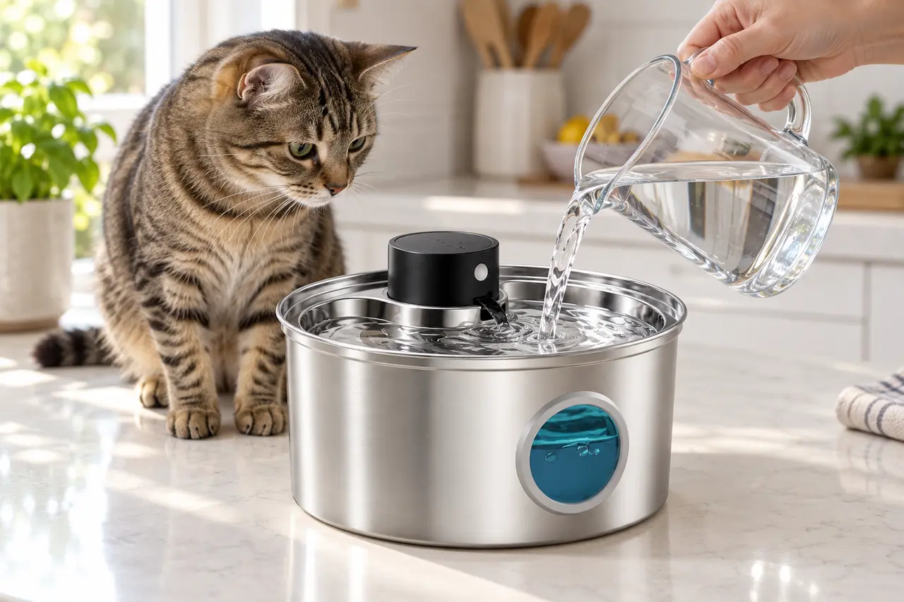 Remplissage de la fontaine à eau avec la ration d'eau quotidienne du chat