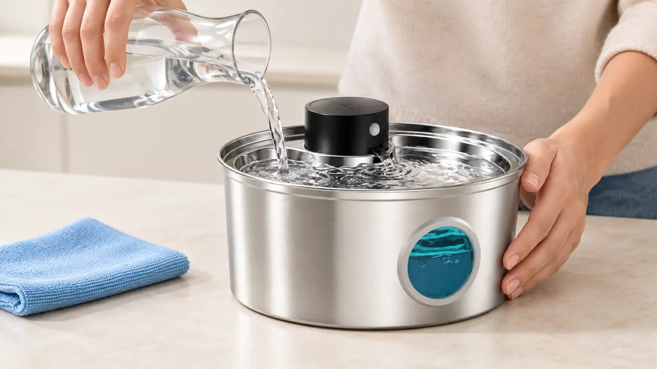 Remplissage de la fontaine propre avec de l'eau fraîche après nettoyage