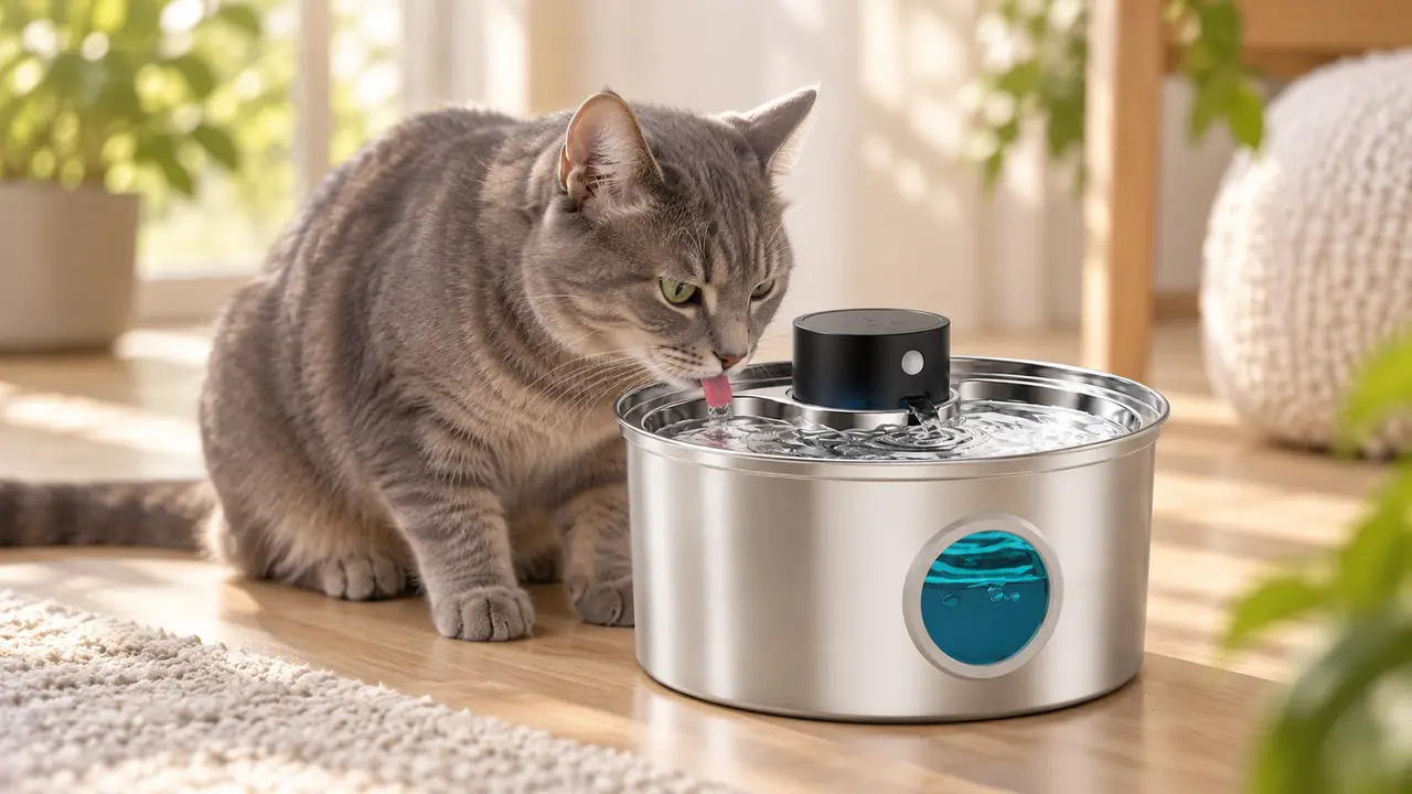 Eau fraîche en mouvement d'une fontaine qui stimule la prise de boisson du chat