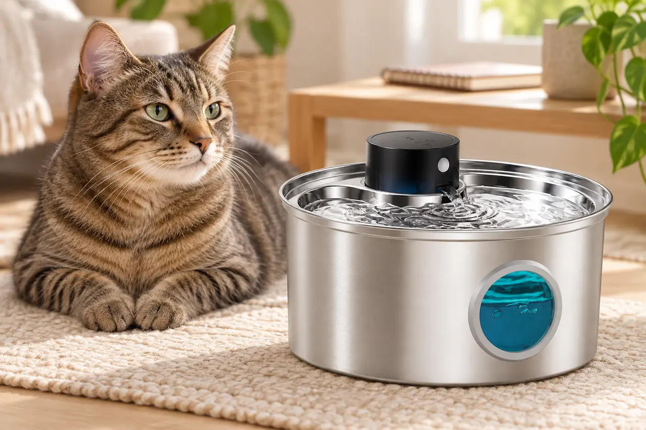 Eau claire en mouvement d'une fontaine qui encourage le chat à boire davantage