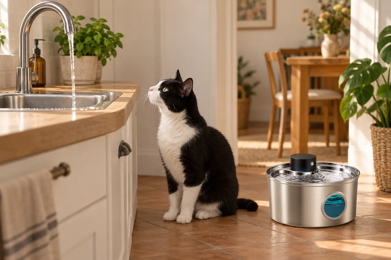 Chat observé à côté de sa fontaine à eau pour surveiller sa consommation