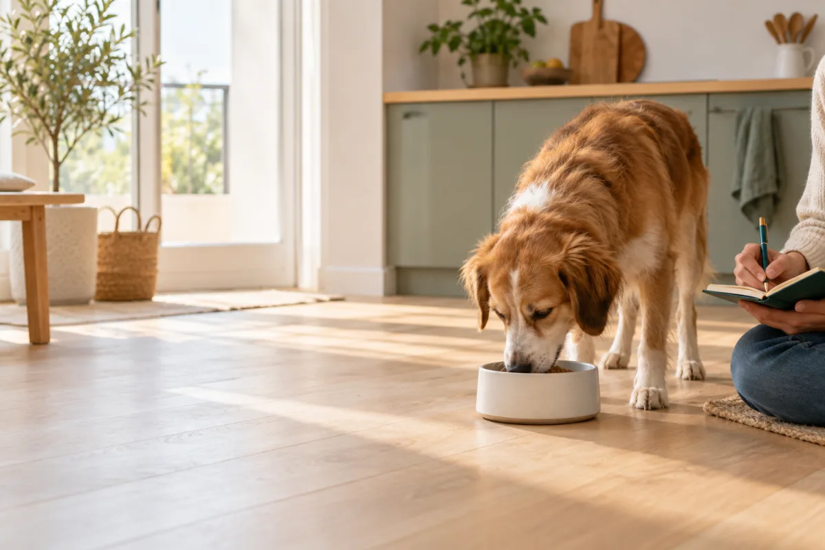 Chien observé calmement près de sa gamelle pendant son repas