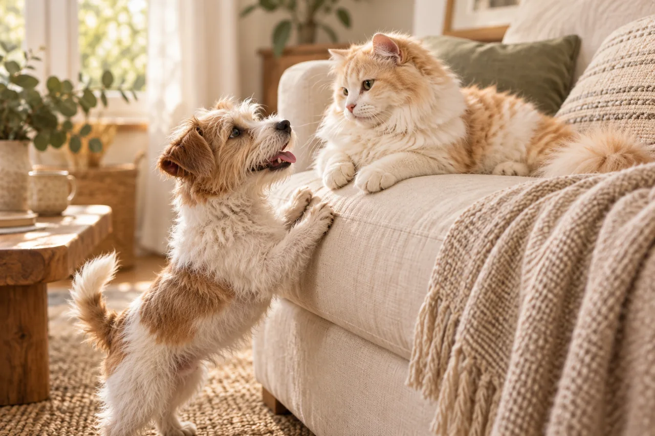 Un chat sur le canapé et un petit chien à ses côtés