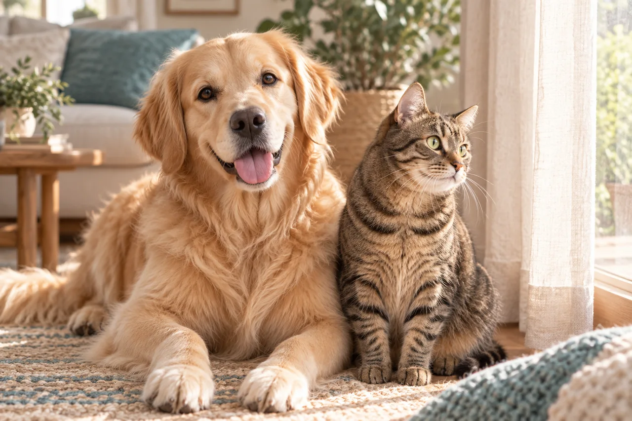 Un golden retriever et un chat tigré près de la fenêtre