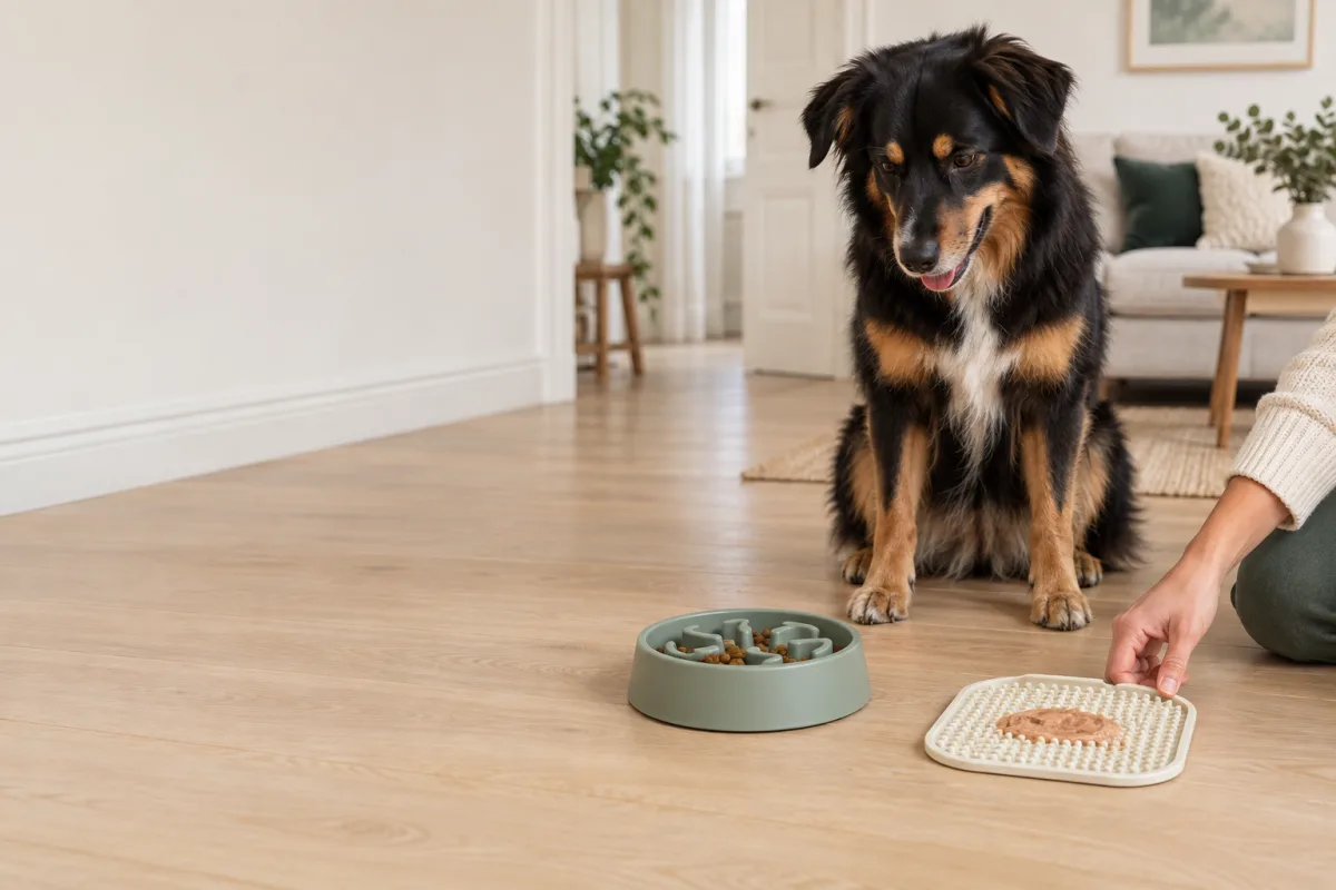 Chien adulte observant calmement une gamelle et un tapis présentés séparément