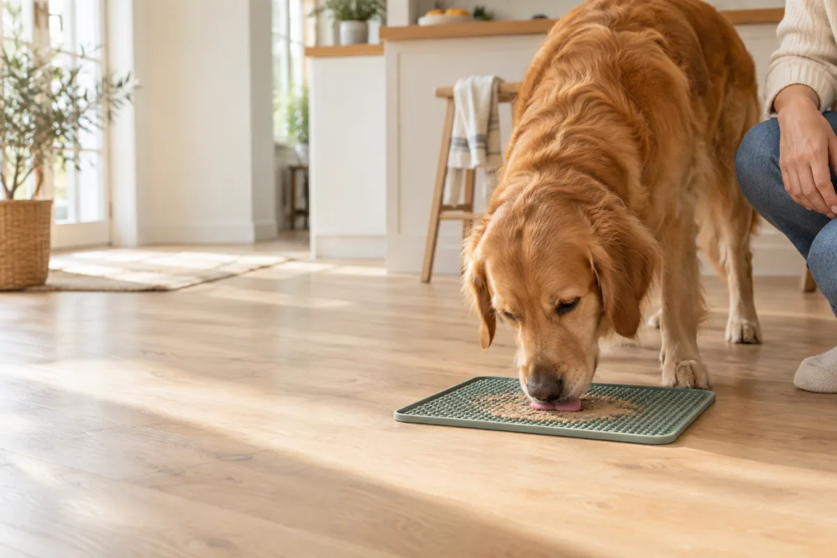 Chien adulte découvrant calmement une activité de léchage surveillée