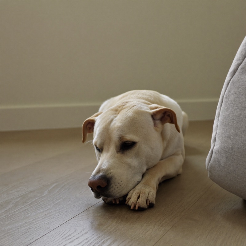 Chien couché au sol, tête sur les pattes, apaisé après une séance de fouille