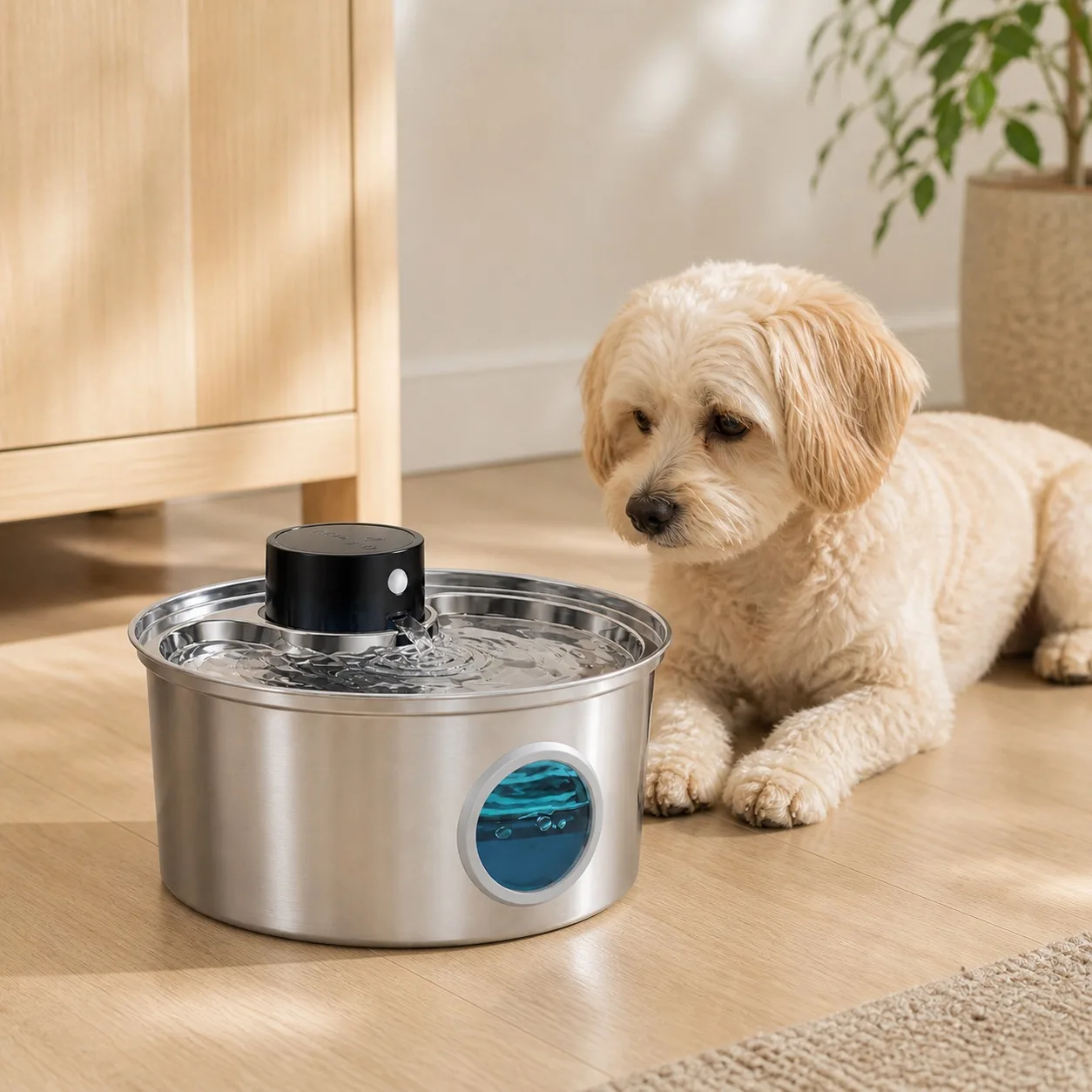 Petit chien près de la fontaine Naïa Inox avec sa fenêtre de niveau visible