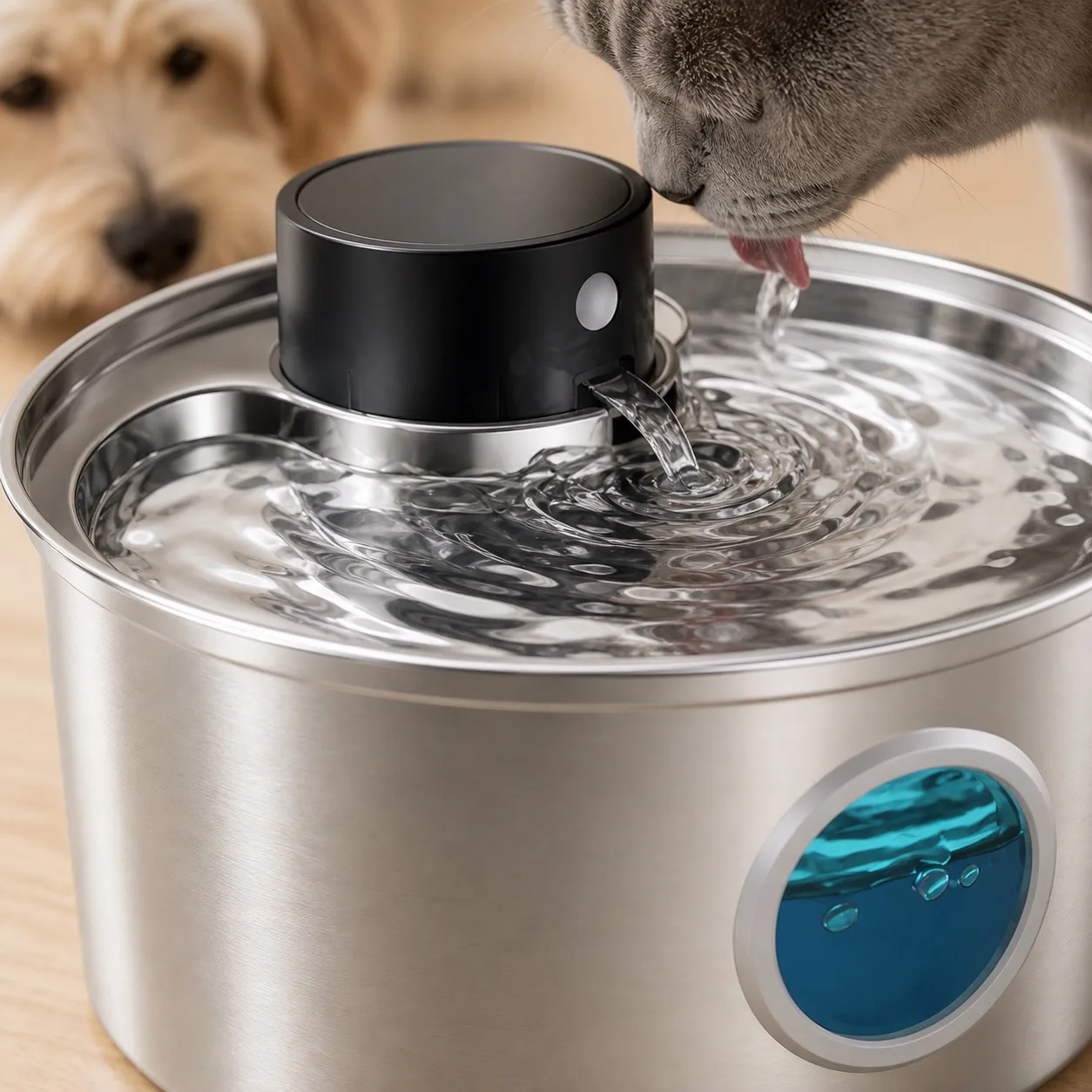 Gros plan sur la surface en inox et l'eau en mouvement de la fontaine Naïa