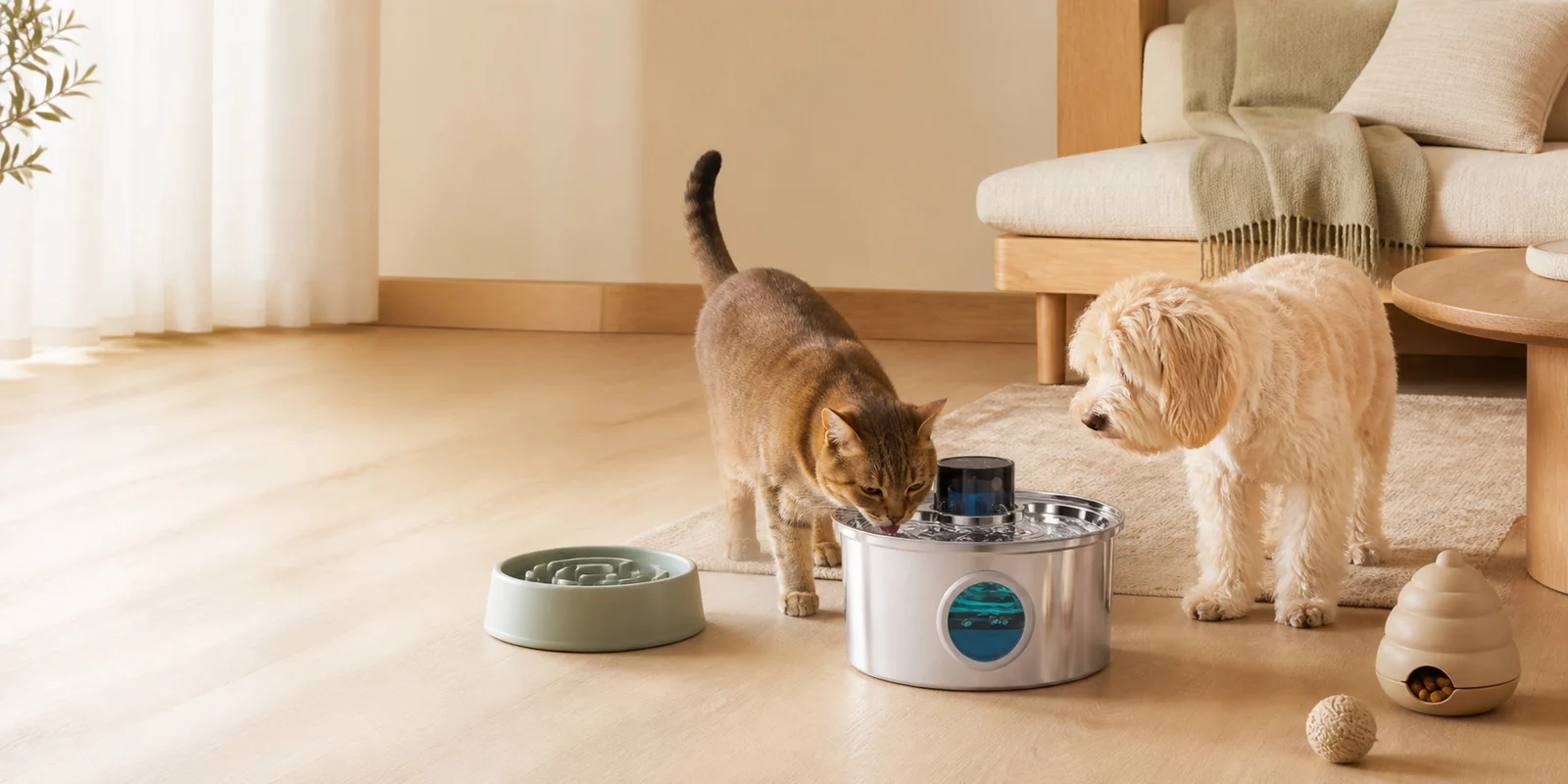 Cat and dog gathered around the Naïa Inox fountain