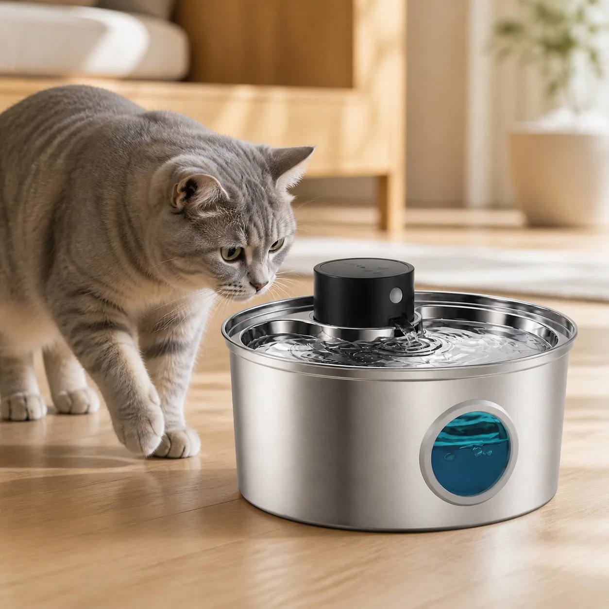 Chat s'approchant de la fontaine Naïa Inox pendant l'activation de l'écoulement