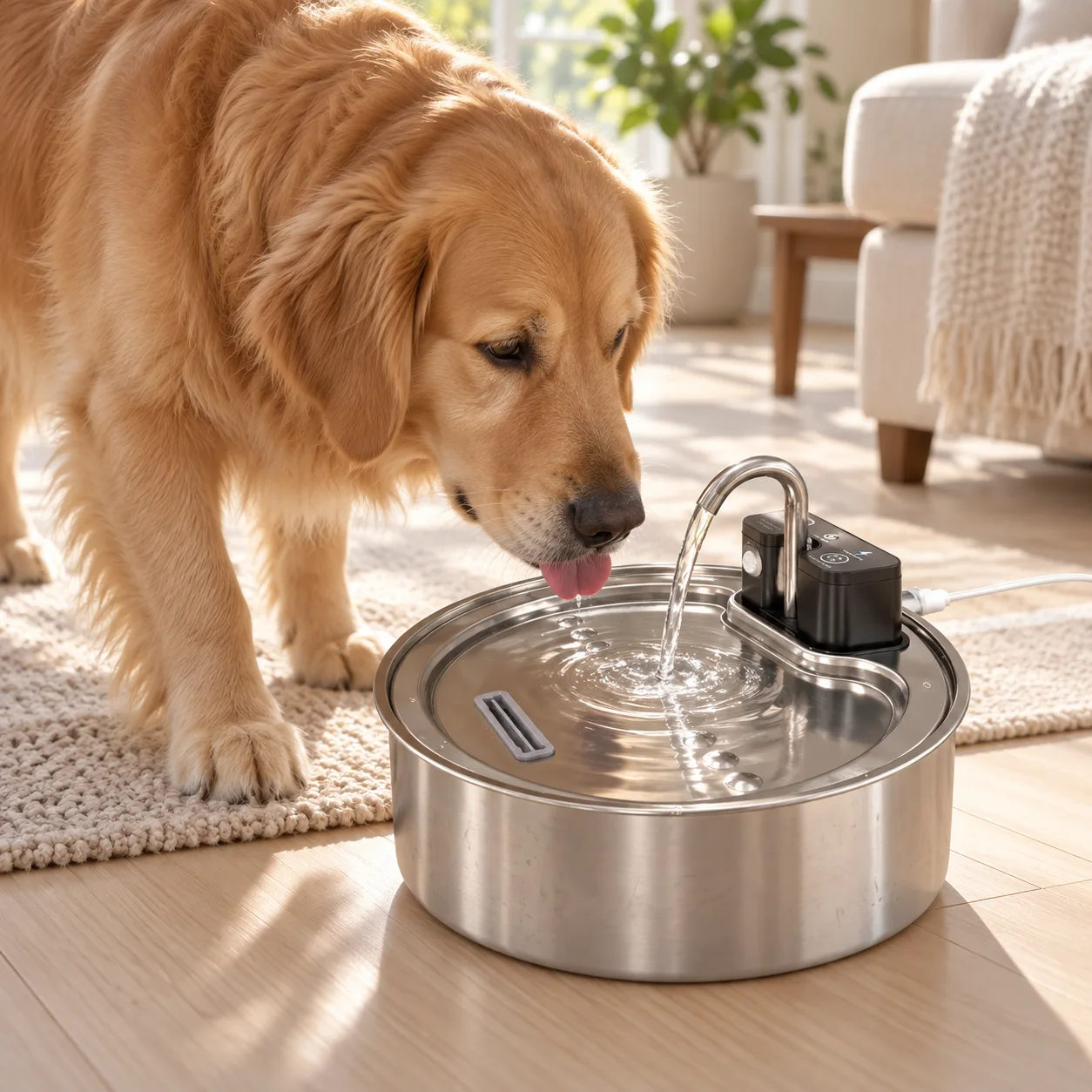Illustration d’un chien près de la fontaine Naïa Source