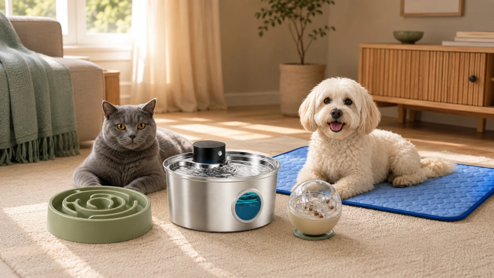 Chat et chien entourés des essentiels Naïa pour boire, manger, jouer et se poser