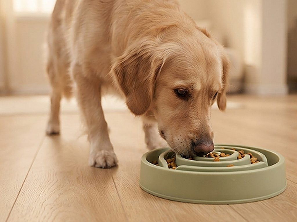Chien golden retriever qui mange ses croquettes dans la gamelle anti-glouton Naïa Tempo