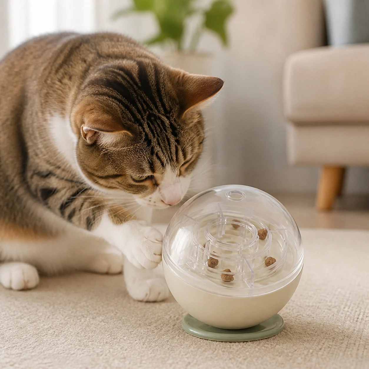 Focused cat interacting with the Naïa Malin puzzle toy