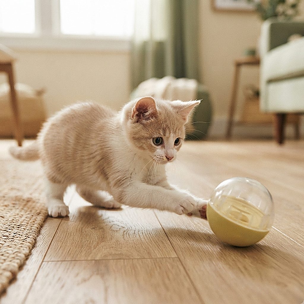 Chaton qui pousse de la patte le jouet puzzle Naïa Malin pour libérer une friandise